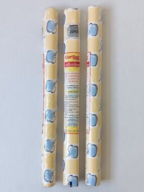 Lot of 3 Vintage Con-Tact Yellow w/ Blue Kettles Self-Adhesive Covering 9 Ft ea.